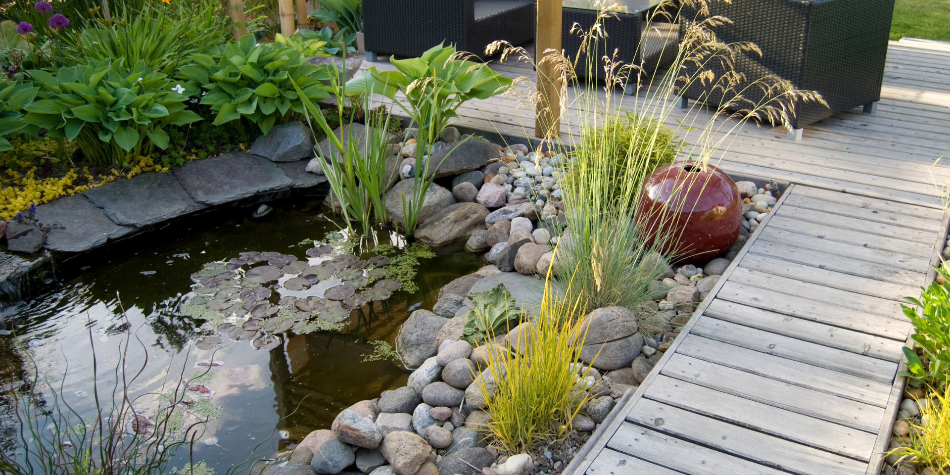 Modern pond with a decked area